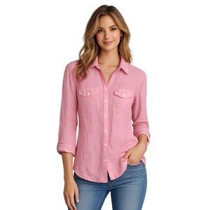 Banana Republic Pink Linen Blend Button Front Utility Shirt Women's XS Roll Tab